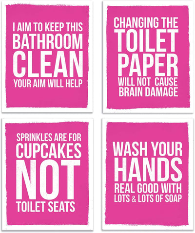 Funny Bathroom Quotes and Art Sayings Prints | 4-Set Funny Photos 8X10 Unframed | Great Inspirational Bath Decor Gift Set | (Bathroom Prints - Pink)