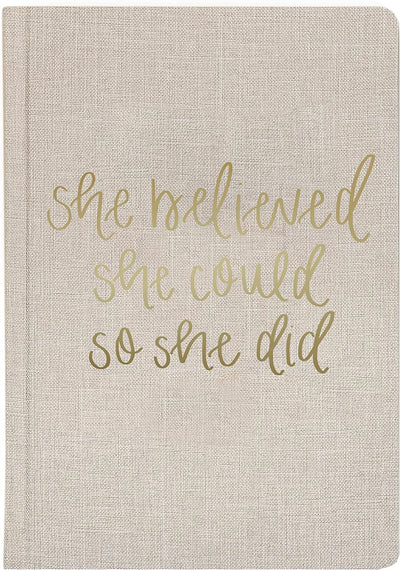 Cute Motivational Lined Composition Notebook for Women, 100 Ruled Pages for Writing, Diary with Fabric Inspirational Cover (Tan She Believed She Could)