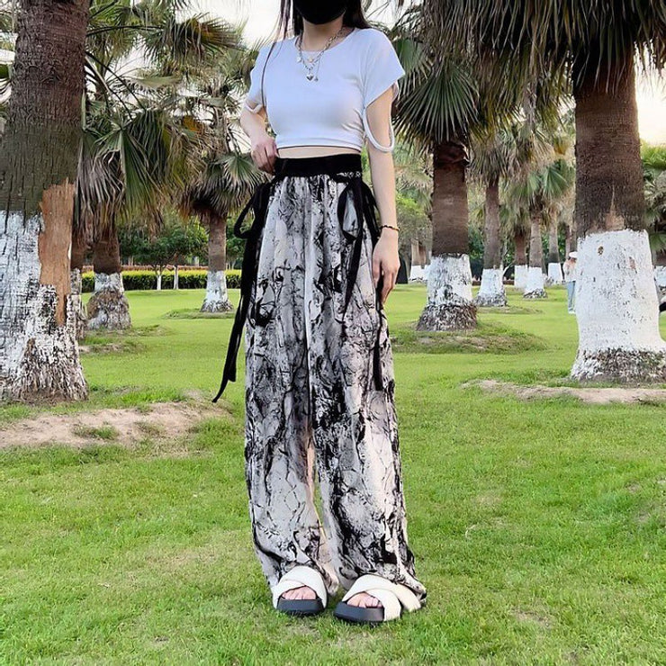 New Guo Feng Ink Painting Ice Silk Wide-leg Pants Summer Women