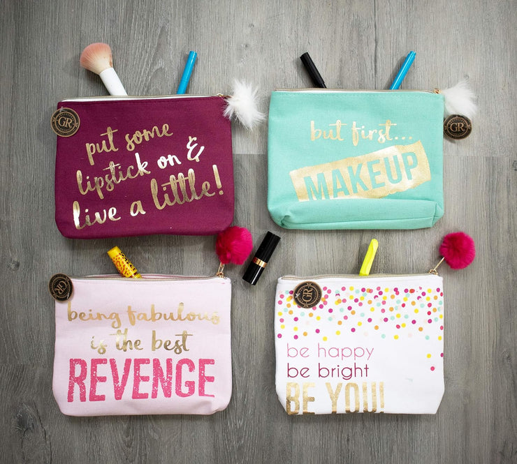 Be Happy! Be Bright! Be You! - Cotton Canvas Makeup Bag Travel Pouch with Zipper (6" X 8.5")