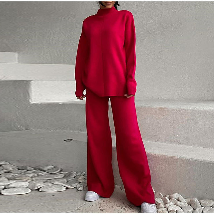 New Solid Color Knitted Pullover Turtleneck Sweater Suit