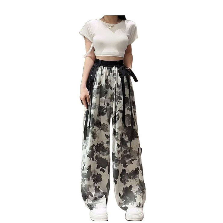 New Guo Feng Ink Painting Ice Silk Wide-leg Pants Summer Women